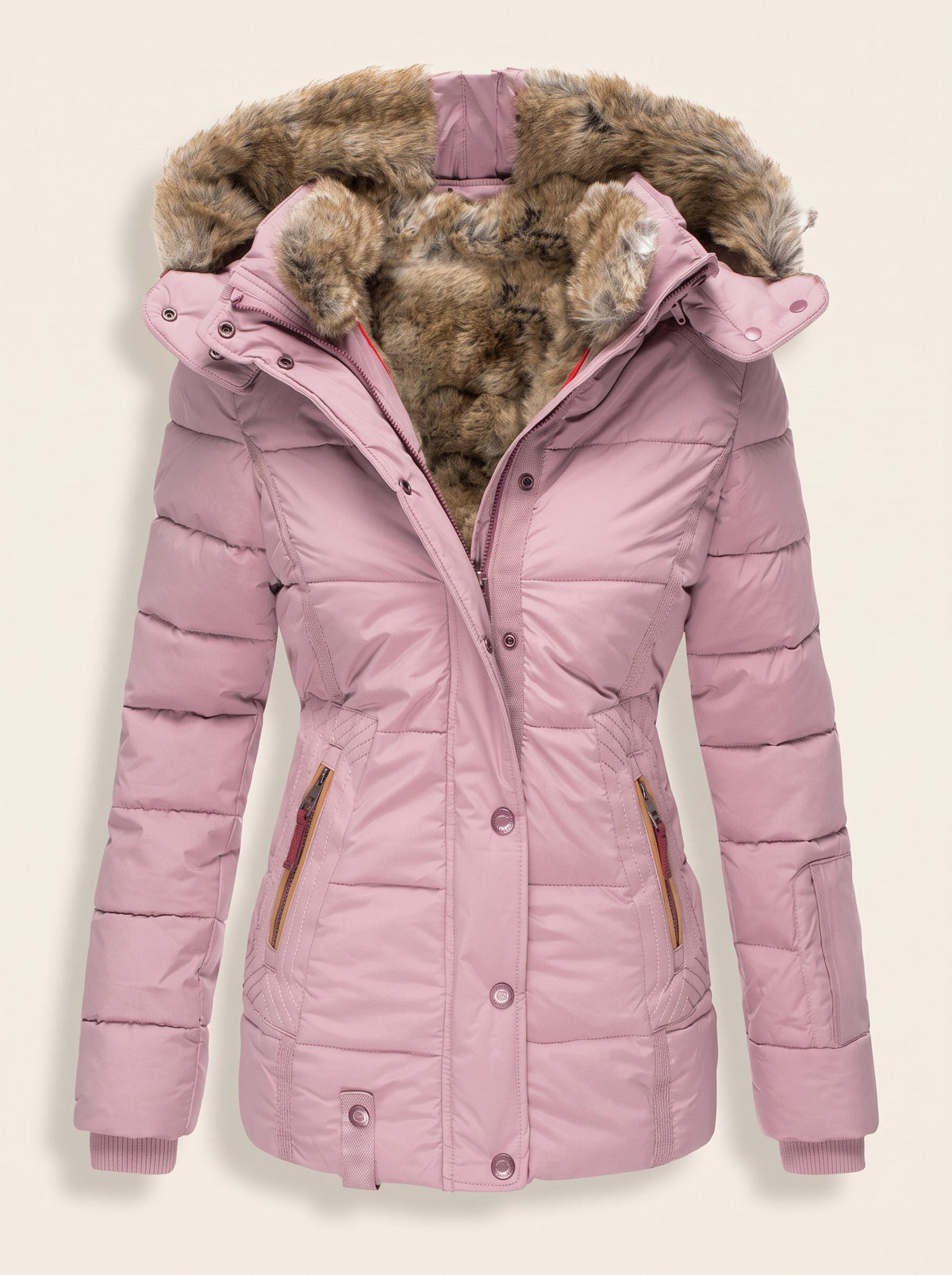 Women's Quilted Winter Jacket with Faux Fur Hood – Pink – packshot