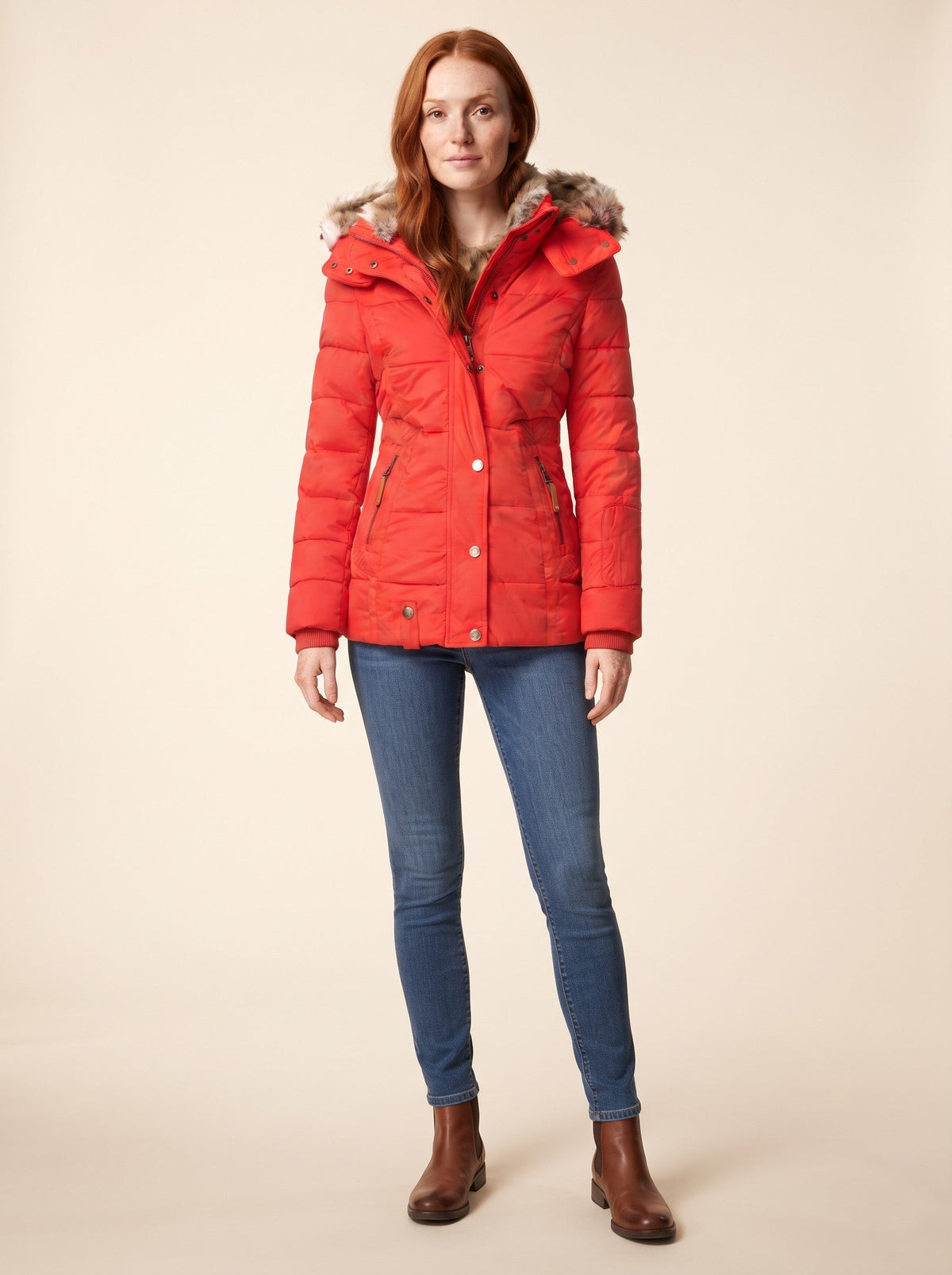 Women's Quilted Winter Jacket with Faux Fur Hood – Red – on model