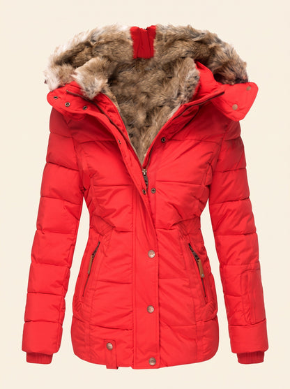 Women's Quilted Winter Jacket with Faux Fur Hood – Red – packshot
