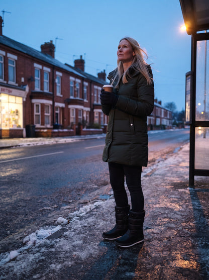 Women's Insulated Snow Boots – Black – worn at an icy bus stop