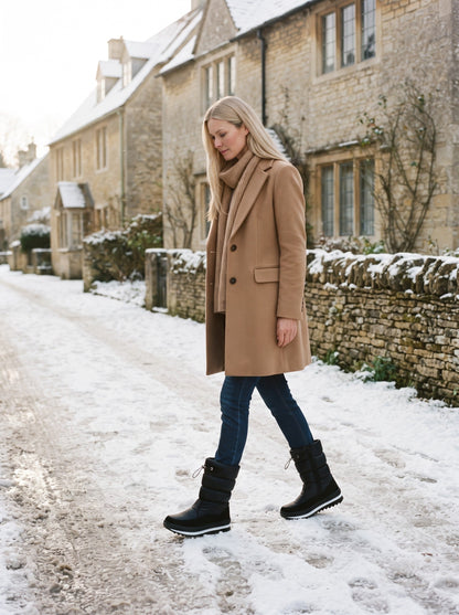 Women's Insulated Snow Boots – Black – worn on a snowy village lane
