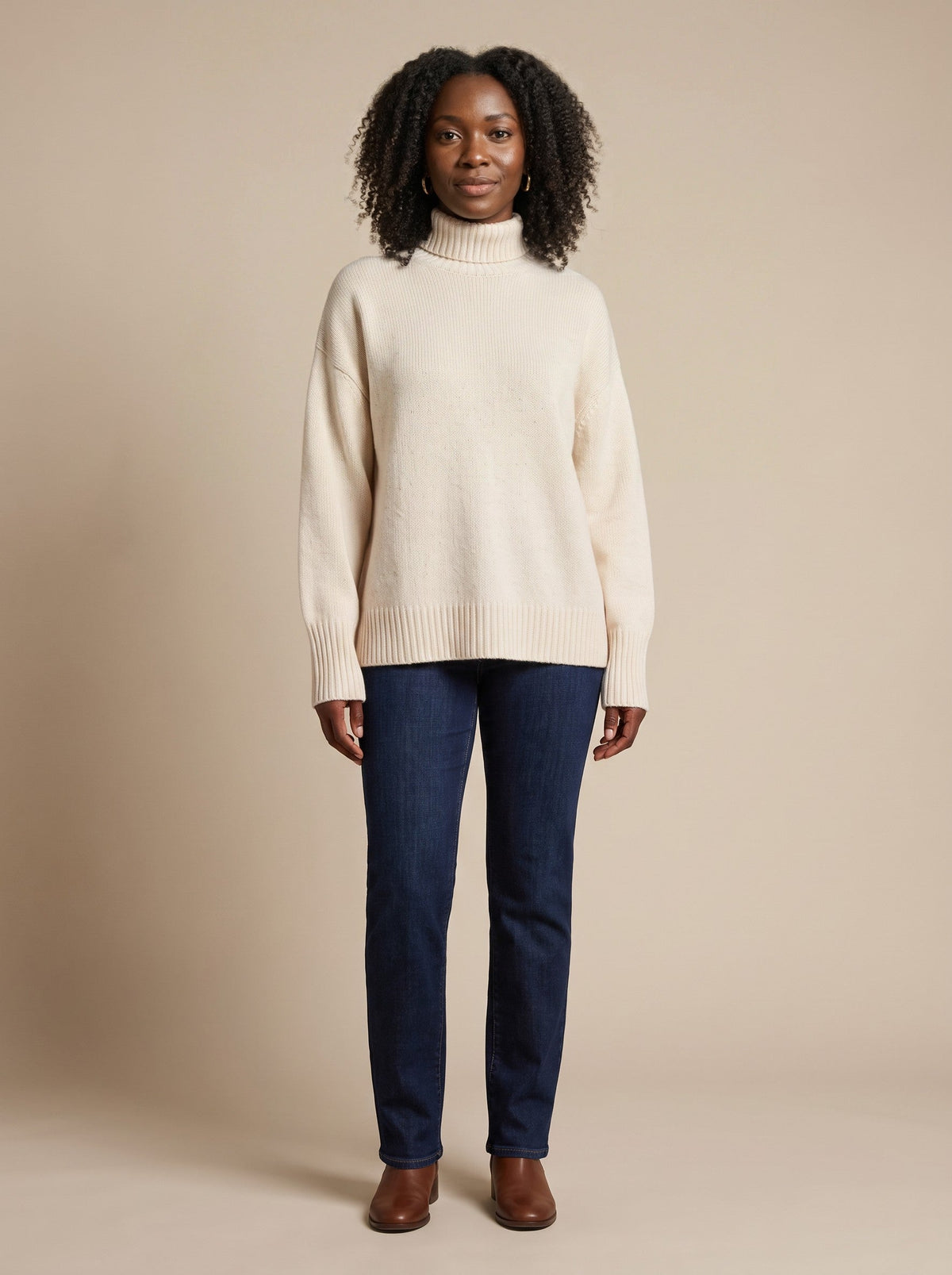 Women's Roll Neck Jumper – Beige – on model