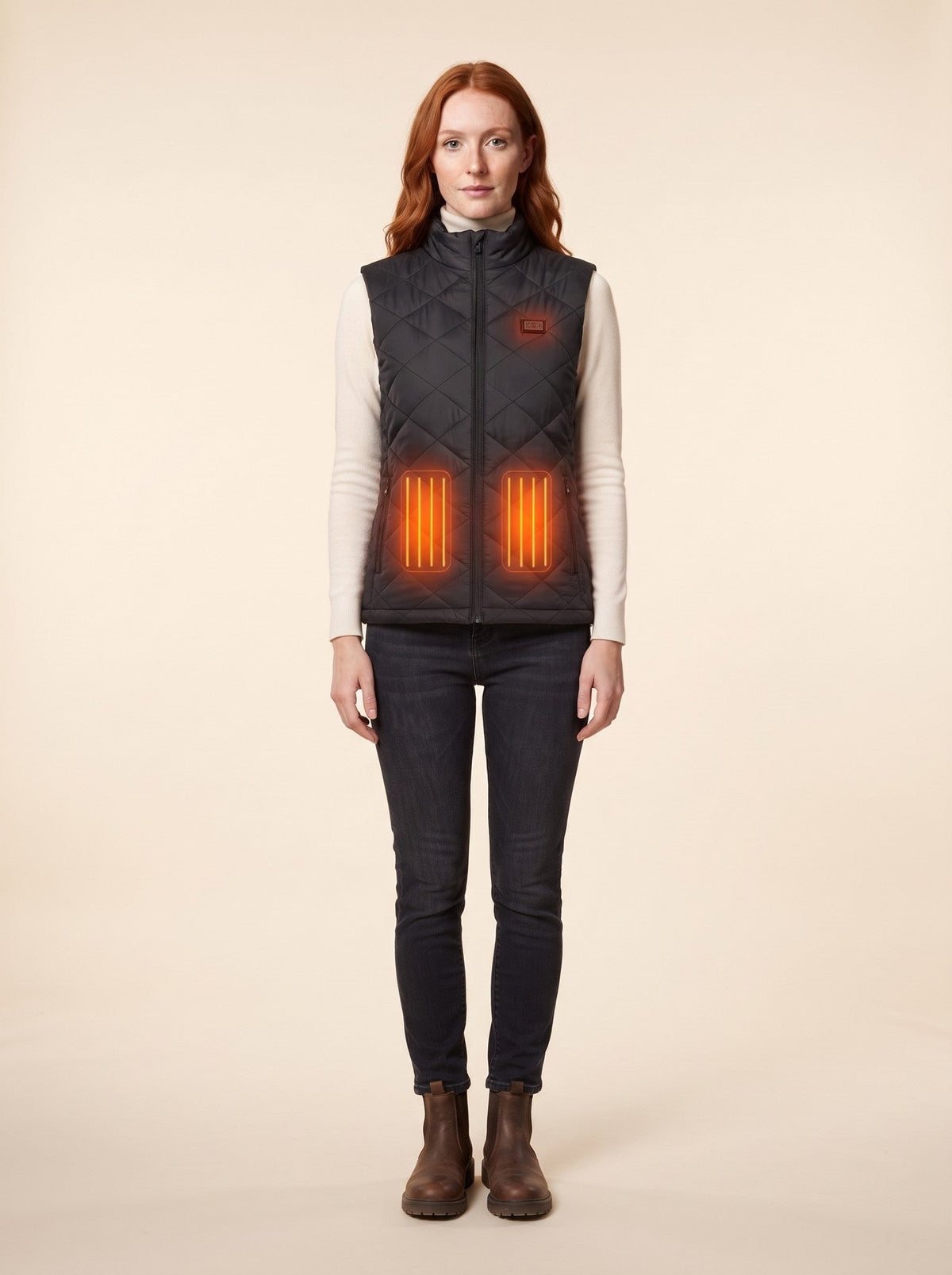 Women's Heated Quilted Gilet – on model, heating on