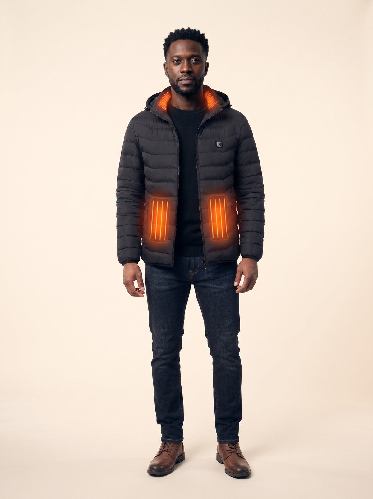 Heated Hooded Puffer Jacket – on model, heating on