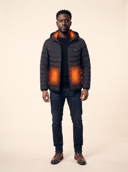 Heated Hooded Puffer Jacket – on model, heating on