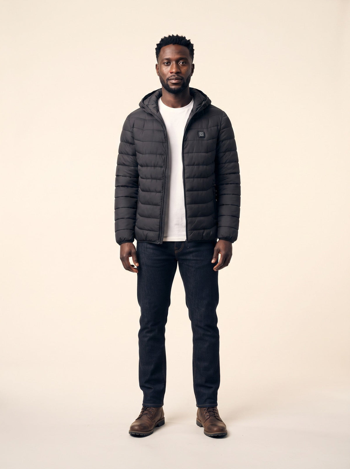 Heated Hooded Puffer Jacket – Black – on model