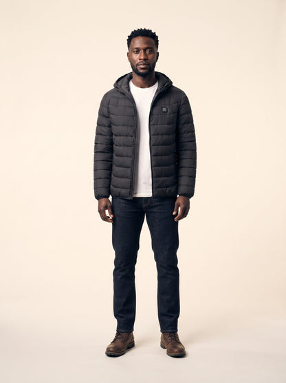 Heated Hooded Puffer Jacket – Black – on model