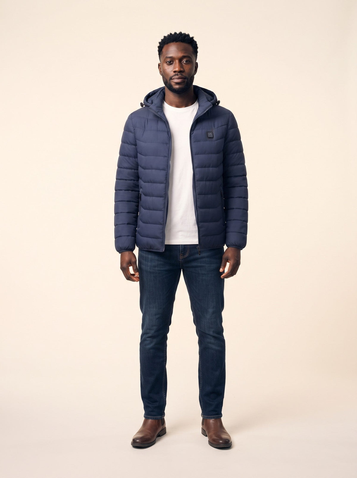 Heated Hooded Puffer Jacket – Navy Blue – on model