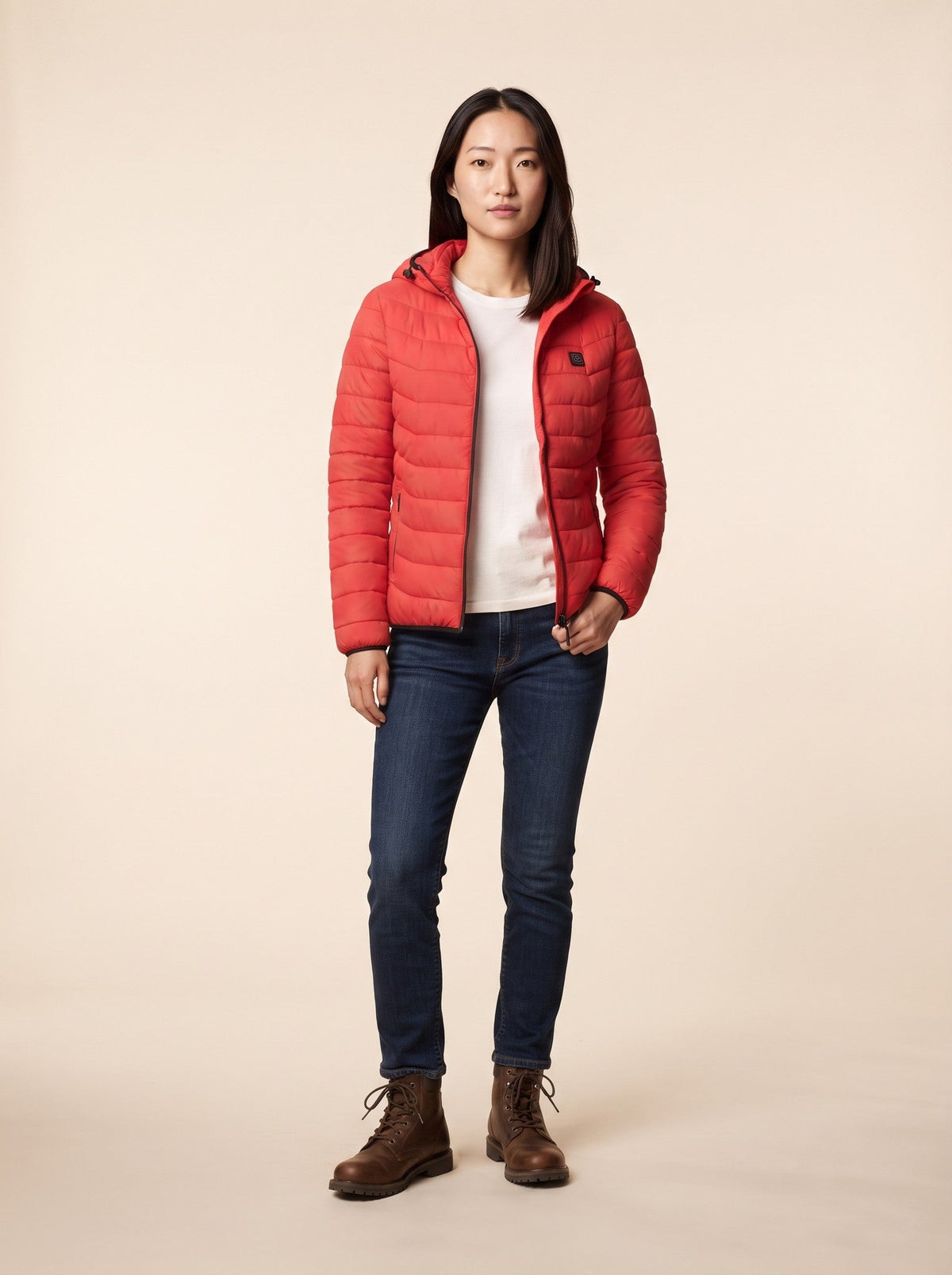 Heated Hooded Puffer Jacket – Red – on model
