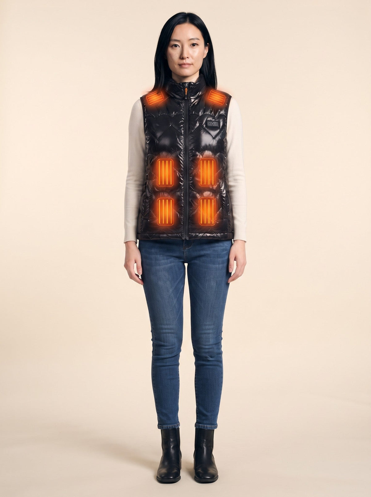 Women's Heated Glossy Puffer Gilet – on model, heating on