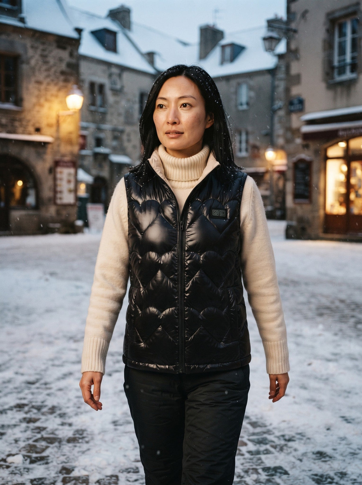 Women's Heated Glossy Puffer Gilet – Black – lifestyle