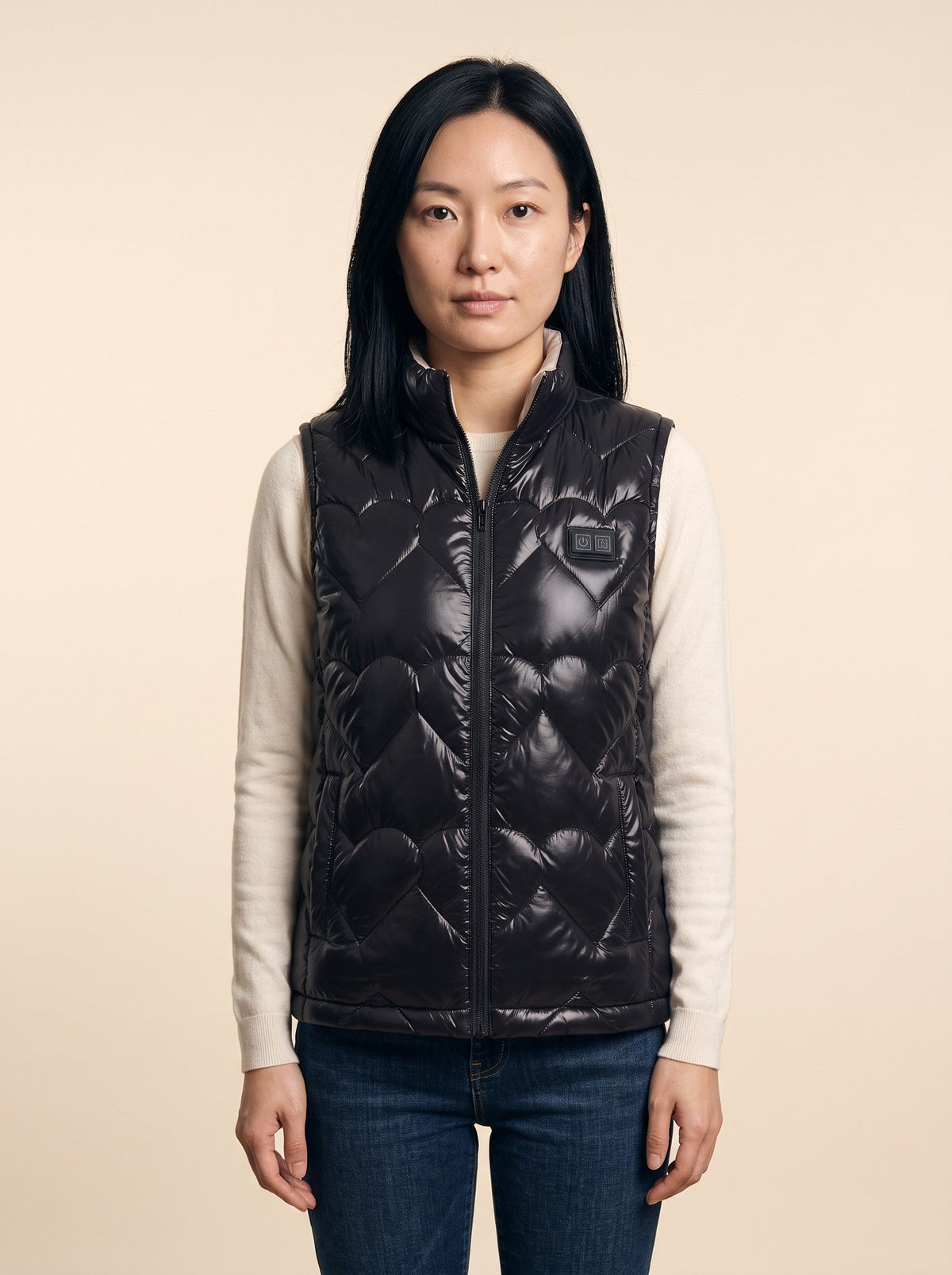Women's Heated Glossy Puffer Gilet – Black – on model