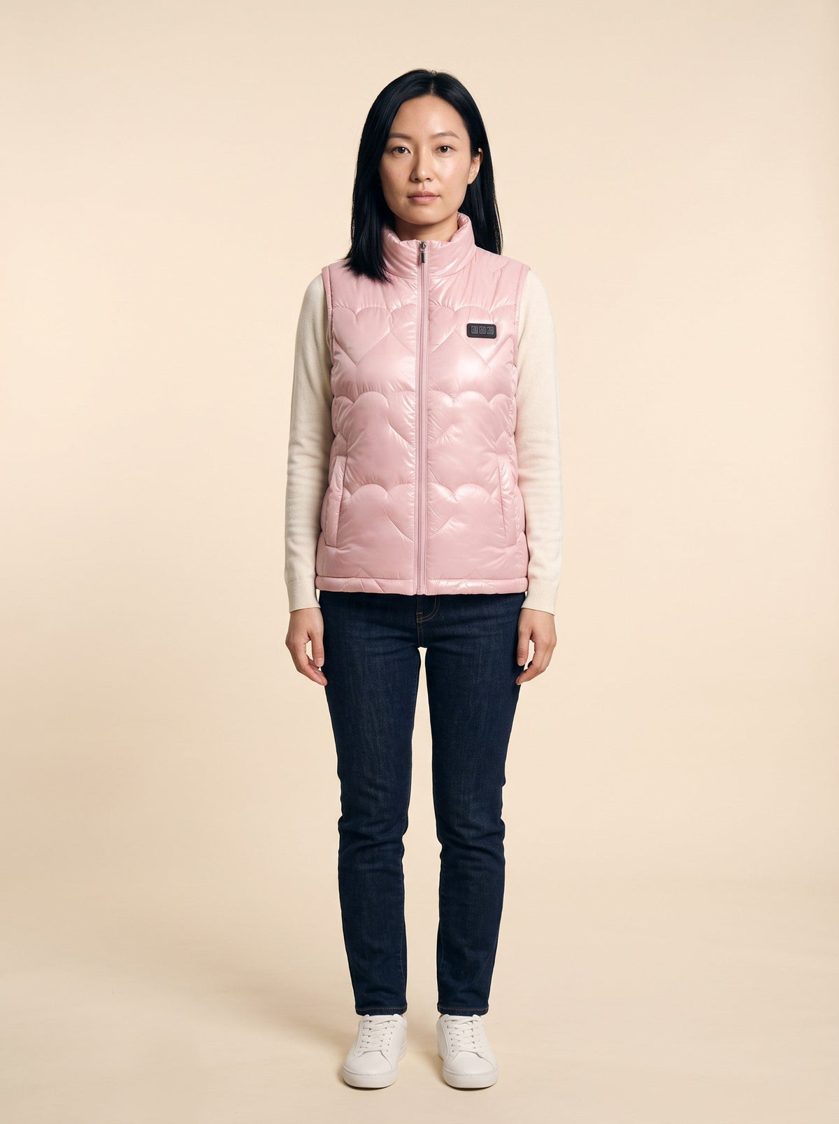 Women's Heated Glossy Puffer Gilet – Pink – on model