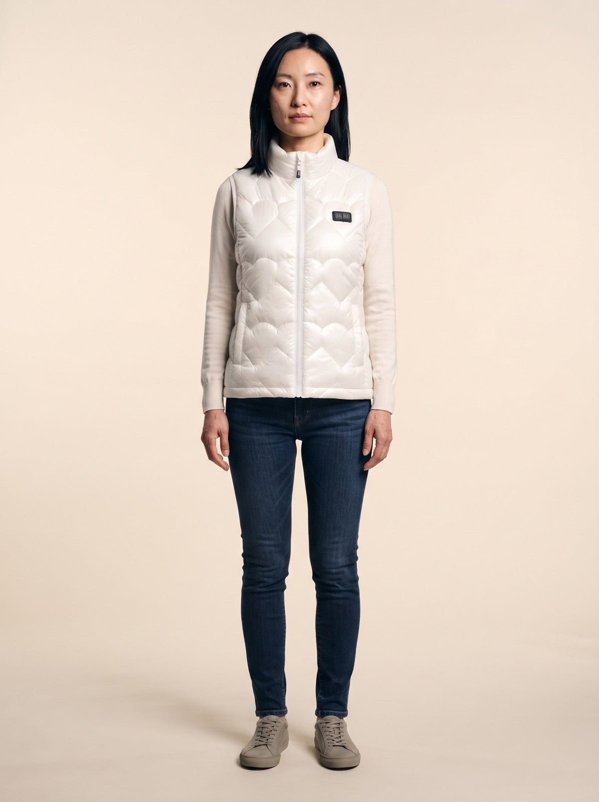 Women's Heated Glossy Puffer Gilet – White – on model