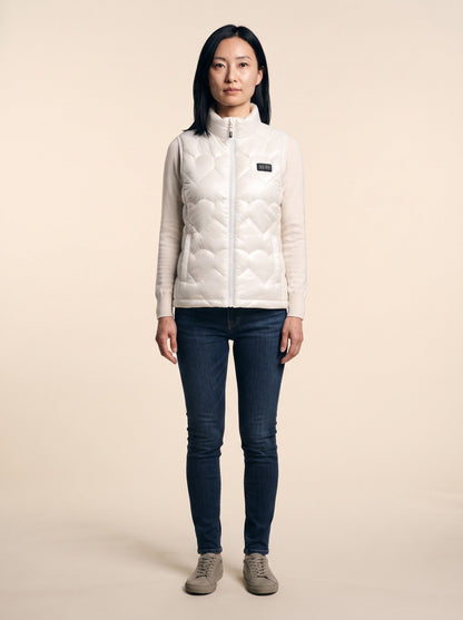 Women's Heated Glossy Puffer Gilet – White – on model