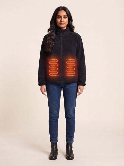 Women's Heated Sherpa Fleece Jacket – on model, heating on