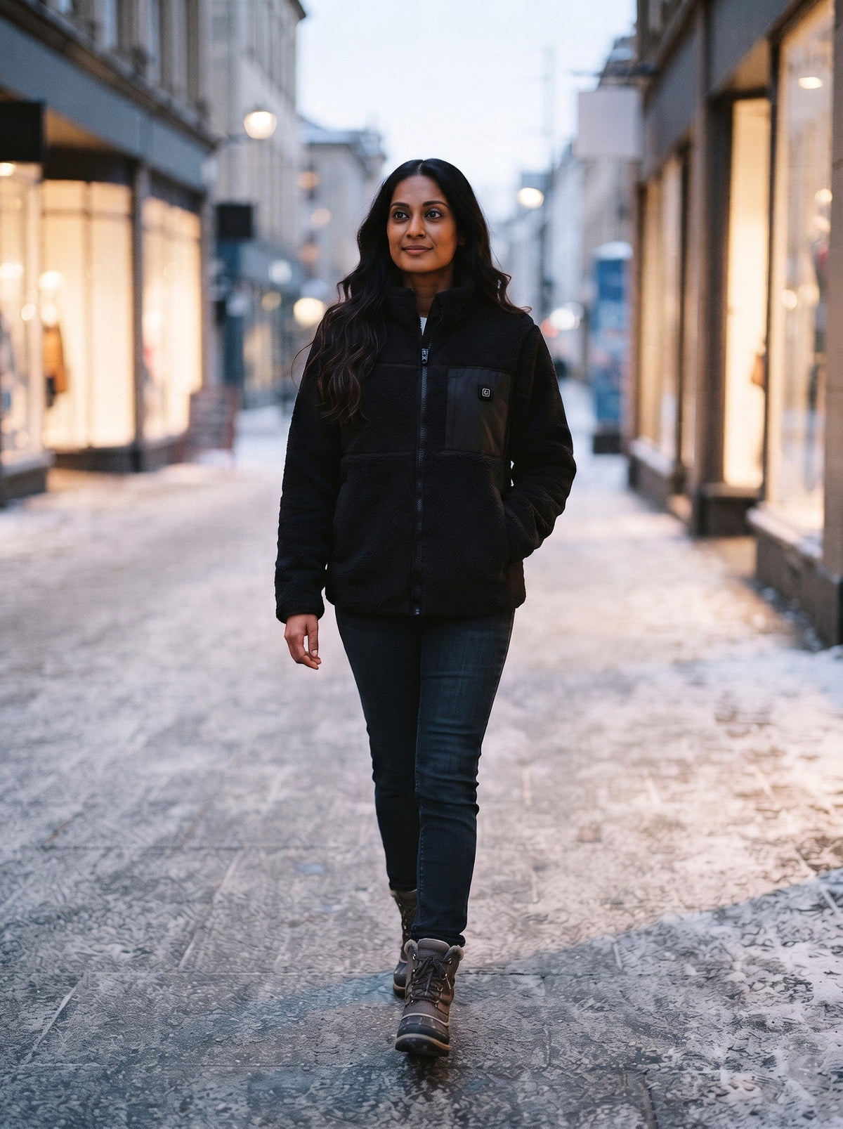 Women's Heated Sherpa Fleece Jacket – Black – lifestyle