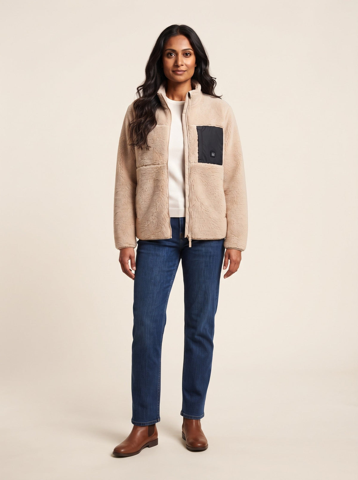Women's Heated Sherpa Fleece Jacket – Beige – on model