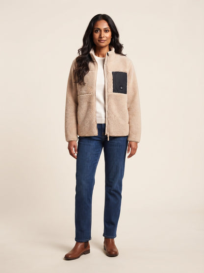 Women's Heated Sherpa Fleece Jacket – Beige – on model
