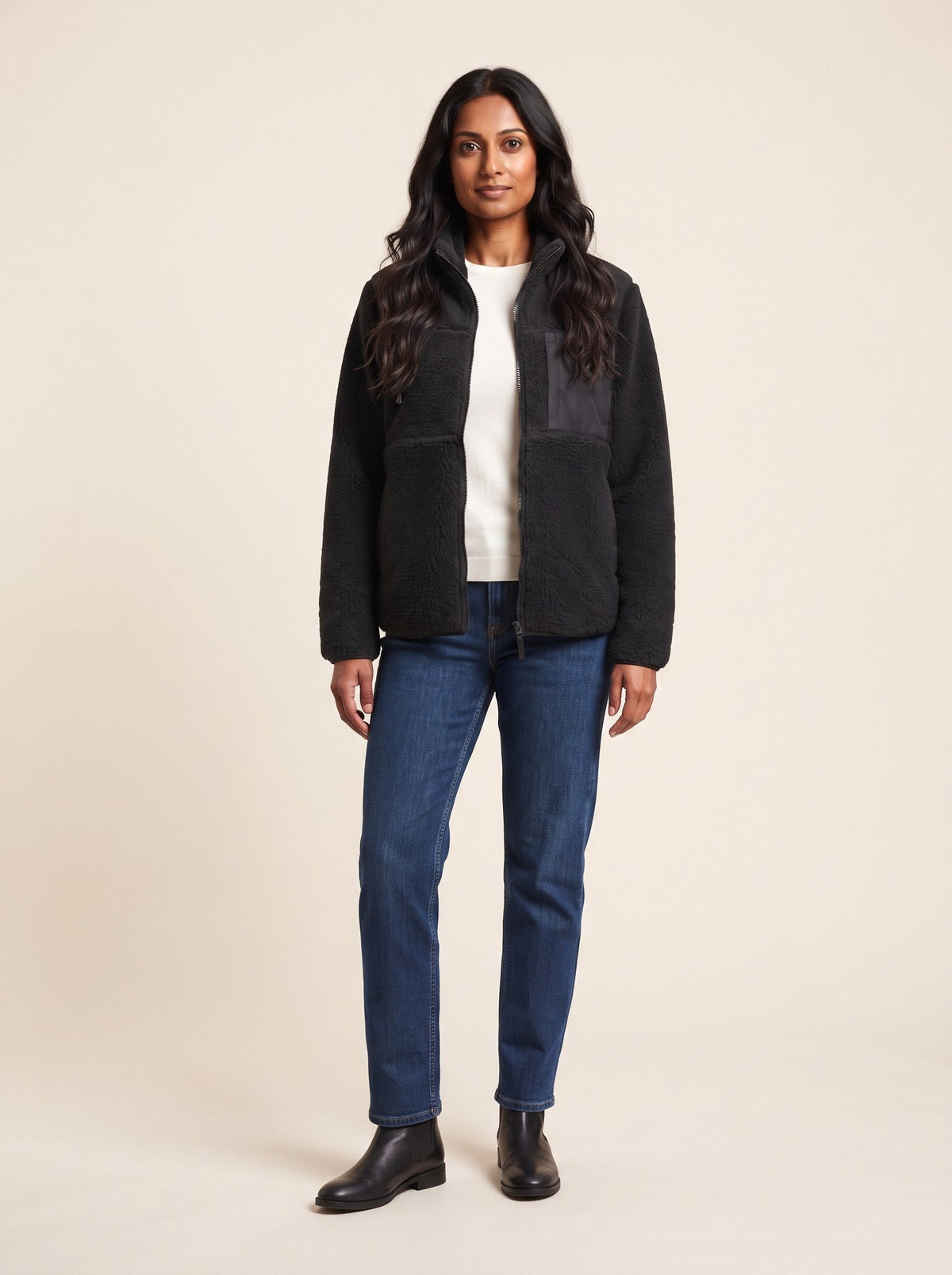 Women's Heated Sherpa Fleece Jacket – Black – on model