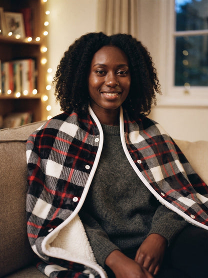 USB Heated Wearable Tartan Throw – Red Tartan – lifestyle