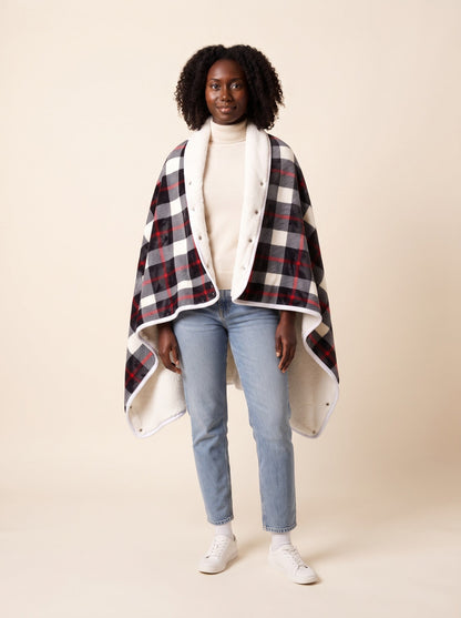 USB Heated Wearable Tartan Throw – Red Tartan – on model