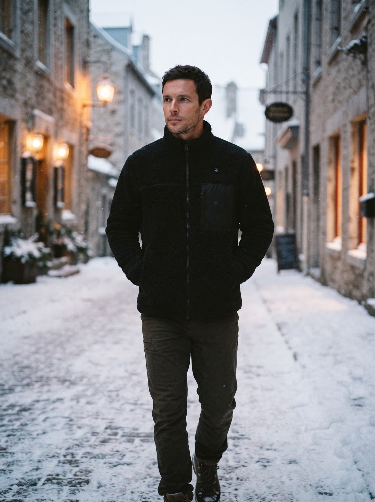 Men's Heated Sherpa Fleece Jacket – Black – lifestyle
