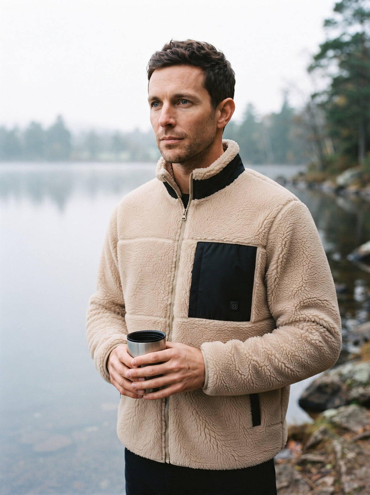 Men's Heated Sherpa Fleece Jacket – Beige – lifestyle