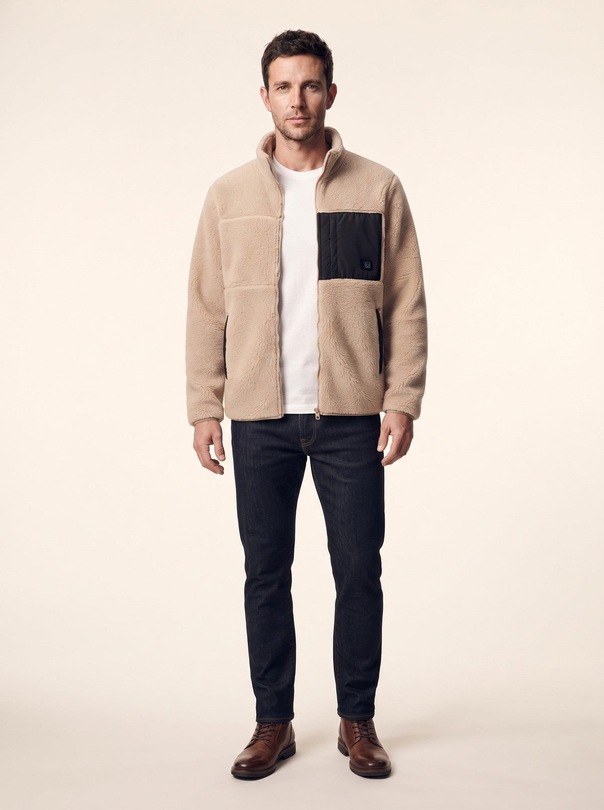 Men's Heated Sherpa Fleece Jacket – Beige – on model