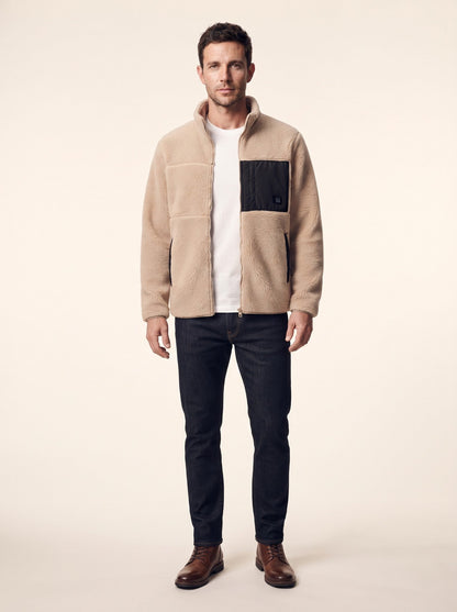 Men's Heated Sherpa Fleece Jacket – Beige – on model