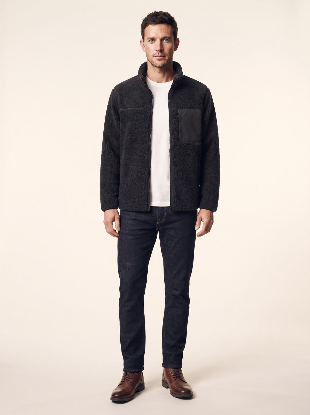 Men's Heated Sherpa Fleece Jacket – Black – on model