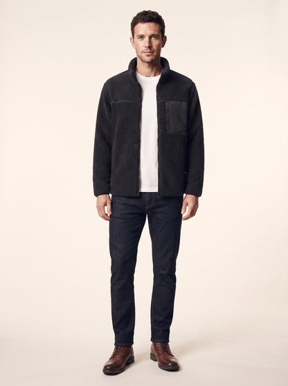 Men's Heated Sherpa Fleece Jacket – Black – on model