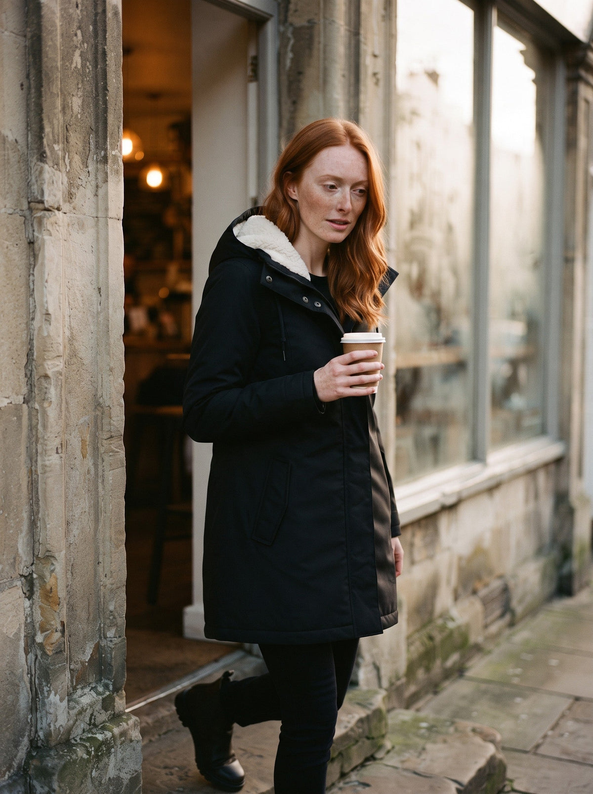 Women's Sherpa Lined Hooded Coat – Black – café doorway