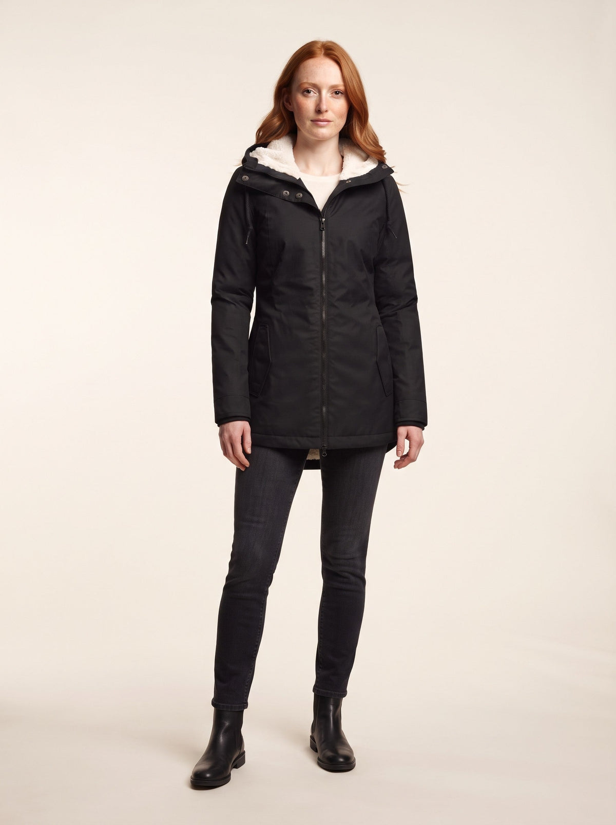 Women's Sherpa Lined Hooded Coat – Black – on model