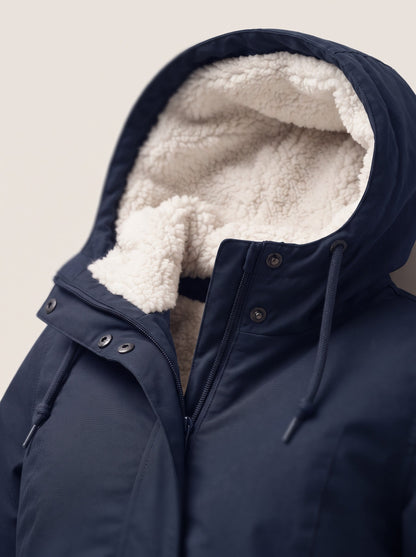 Women's Sherpa Lined Hooded Coat – Blue – sherpa-lined hood detail