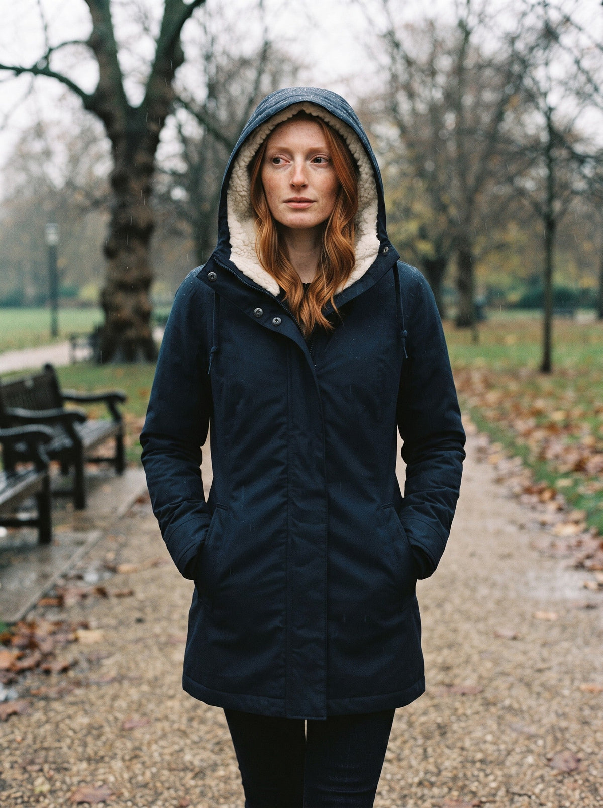 Women's Sherpa Lined Hooded Coat – Blue – park in drizzle, hood up