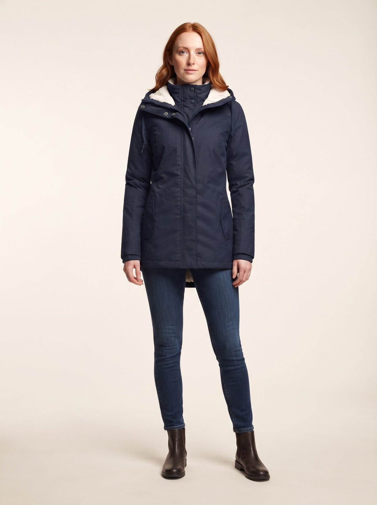 Women's Sherpa Lined Hooded Coat – Blue – on model