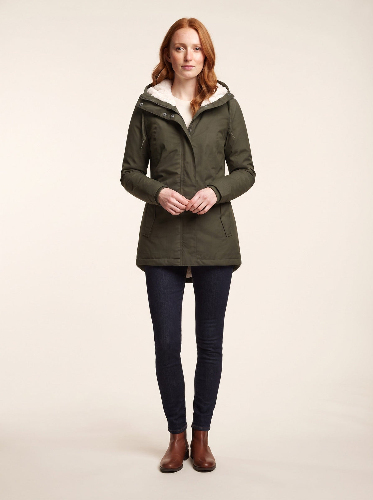 Women's Sherpa Lined Hooded Coat – Green – on model