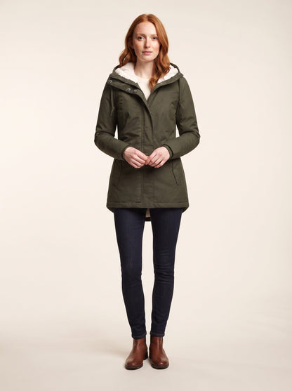 Women's Sherpa Lined Hooded Coat – Green – on model