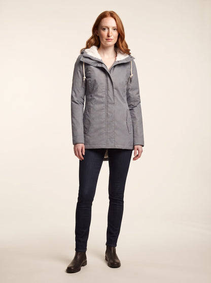 Women's Sherpa Lined Hooded Coat – Grey – on model
