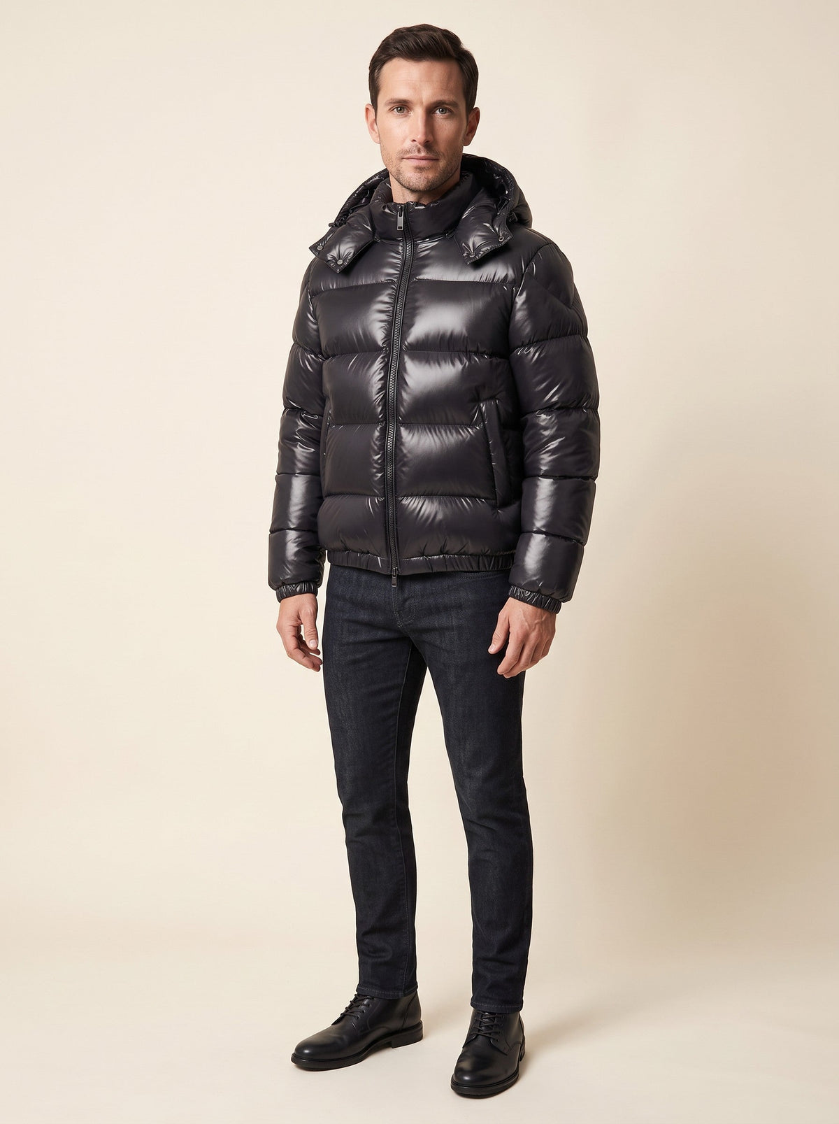 Men's Sherpa Lined Puffer Jacket – Black – on model