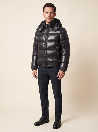 Men's Sherpa Lined Puffer Jacket – Black – on model