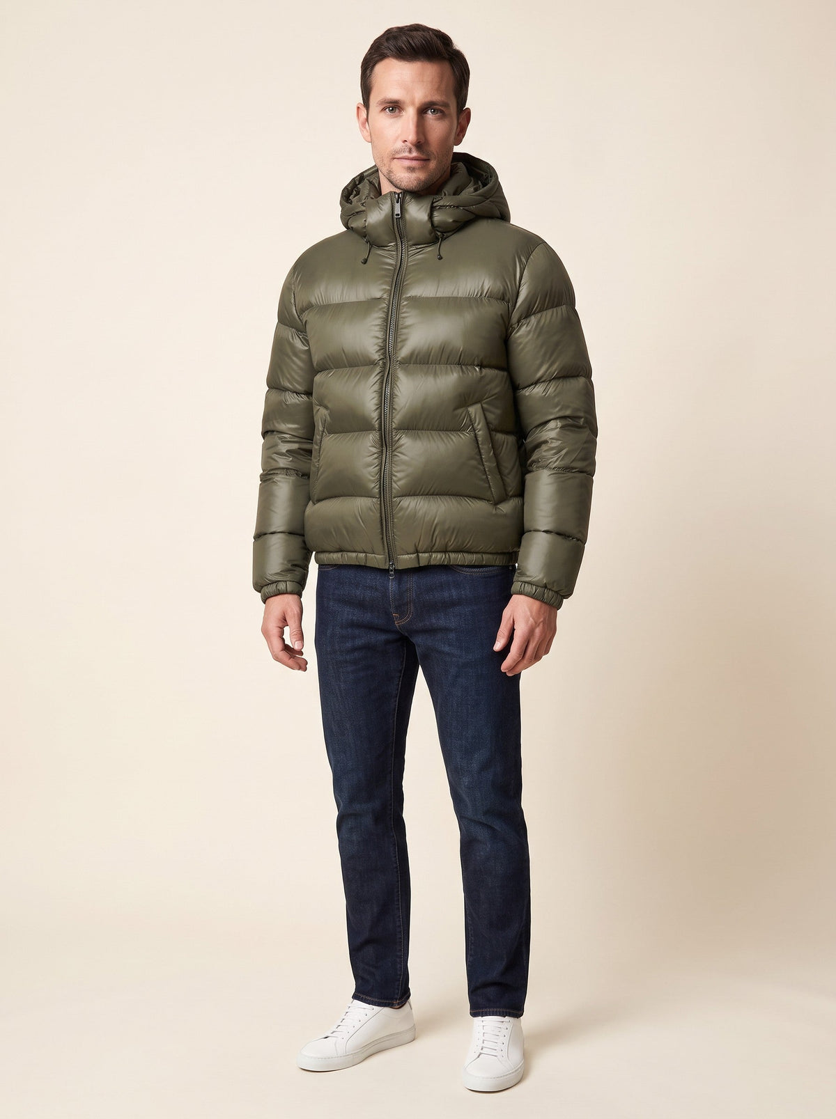Men's Sherpa Lined Puffer Jacket – Green – on model