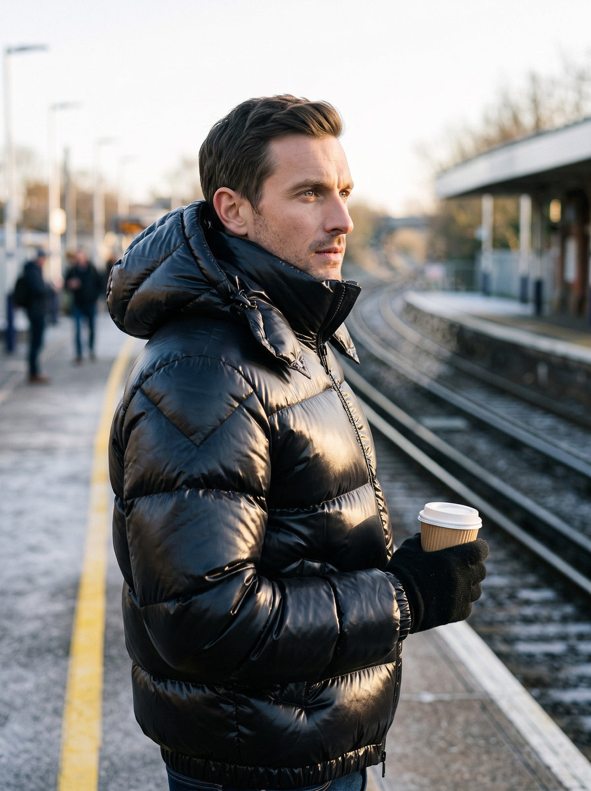 Men's Sherpa Lined Puffer Jacket – Black – hood up on a frosty station platform