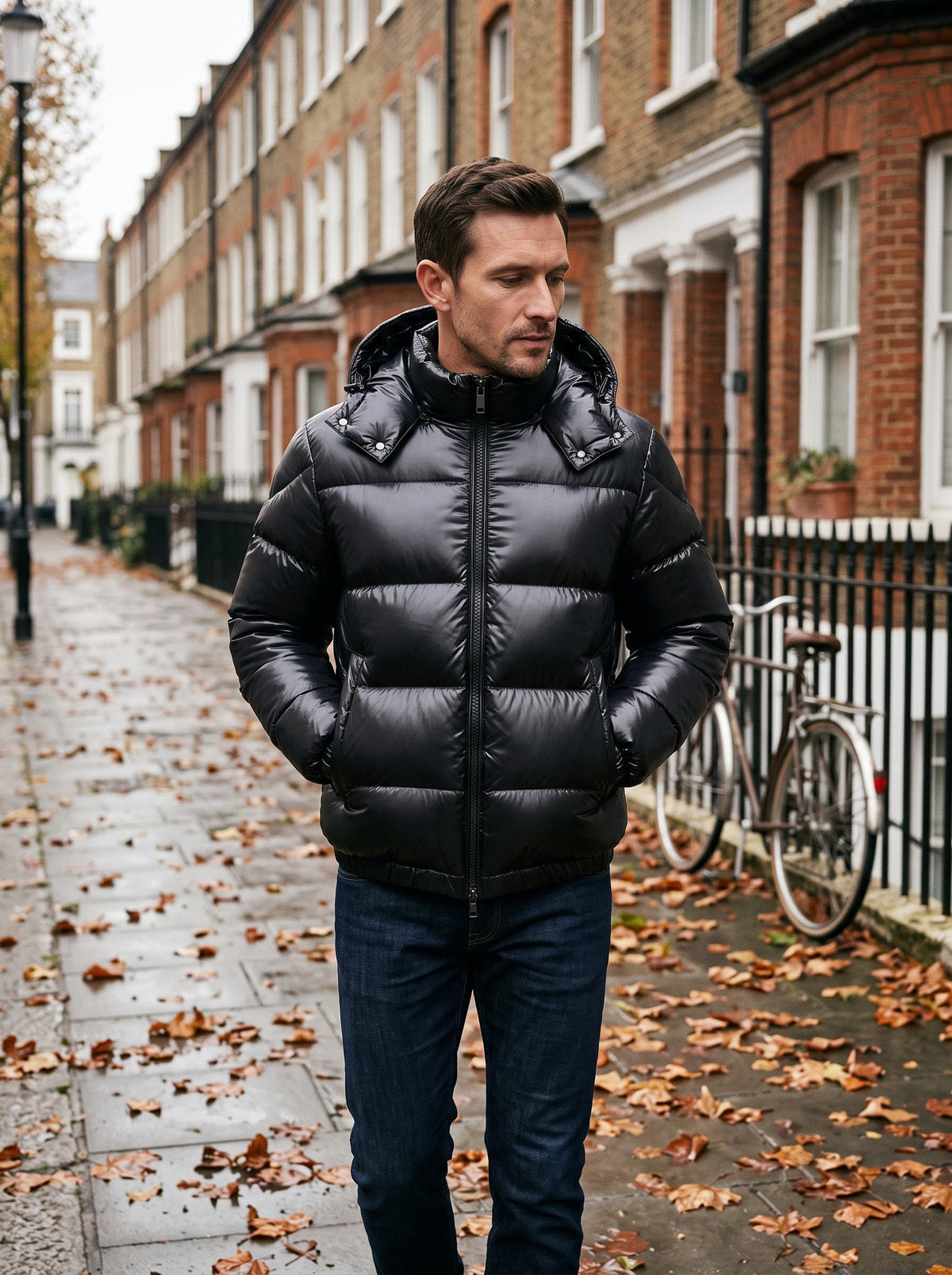 Men's Sherpa Lined Puffer Jacket – Black – worn on an autumn street