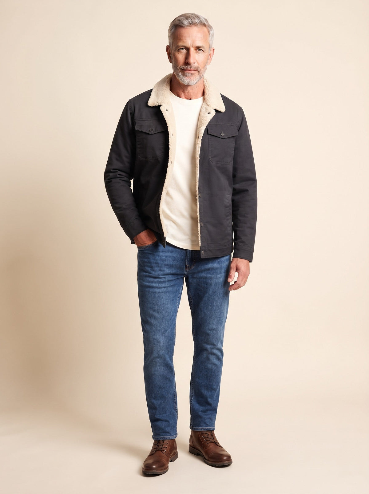 Men's Sherpa Lined Trucker Jacket – Black – on model