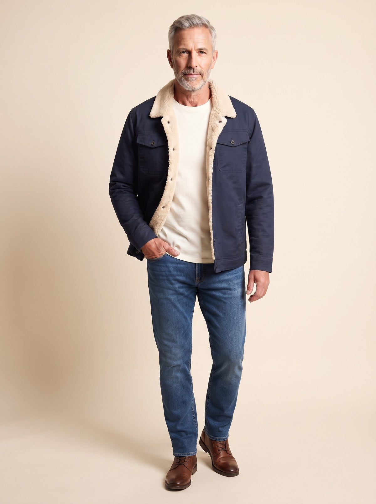 Men's Sherpa Lined Trucker Jacket – Dark Blue – on model