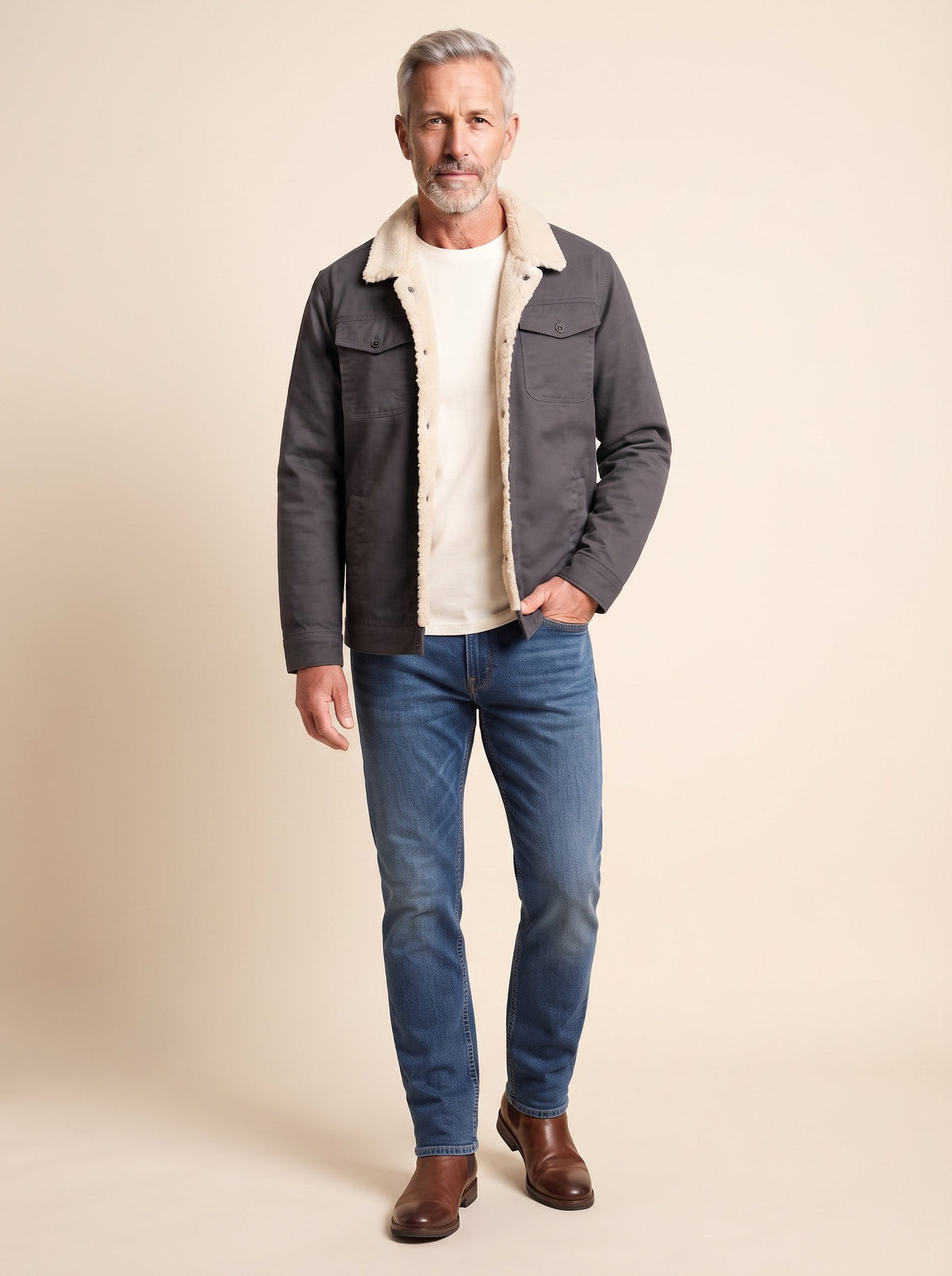 Men's Sherpa Lined Trucker Jacket – Dark Grey – on model