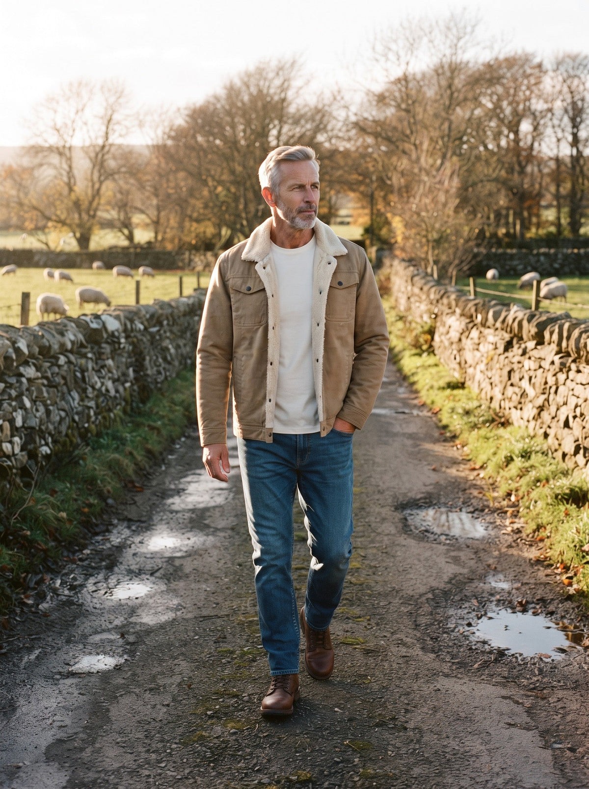 Men's Sherpa Lined Trucker Jacket – Khaki – lifestyle countryside