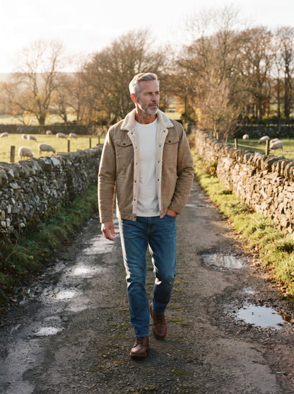 Men's Sherpa Lined Trucker Jacket – Khaki – lifestyle countryside